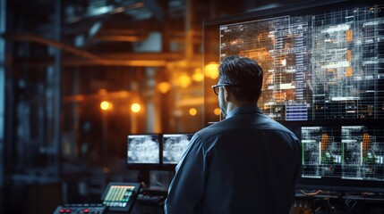 Fototapeta premium Engineer in a control room monitoring automated production line industrial setting with large digital displays