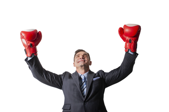 funny man businessman man in boxing gloves The victorious one winner