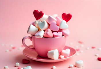 A close-up of heart-shaped marshmallows flying out of a pink cup on a white background