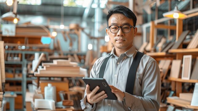 businessman using tablet while standing with wood craft shop