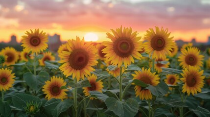 Urban Gardening Revival: Sunflowers on a City Rooftop at Dusk