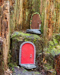 small red door made of polymer clay on in nature like a fairy house close up
