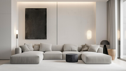 Abstract Expressionism in Design: Minimalist Living Room with Grey Sofa