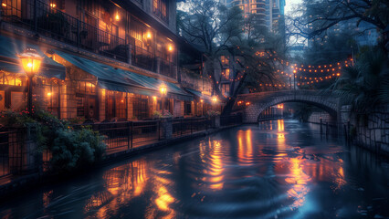 Dusk at Riverwalk: Bright Lights Reflecting off Buildings