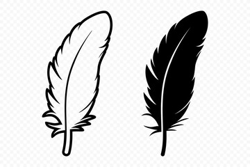 Obraz premium Vector Black and White Fluffy Feather Logo Icons. Silhouette Feather Set Closeup Isolated. Design Template of Flamingo, Angel, Bird Feather. Lightness and Freedom Concept