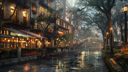 Fototapeta premium Dusk at Riverwalk: Bright Lights Reflecting off Buildings