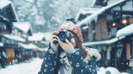 woman tourist using digital camera taking picture during travel Ginzan onsen area in Yamagata prefecture,