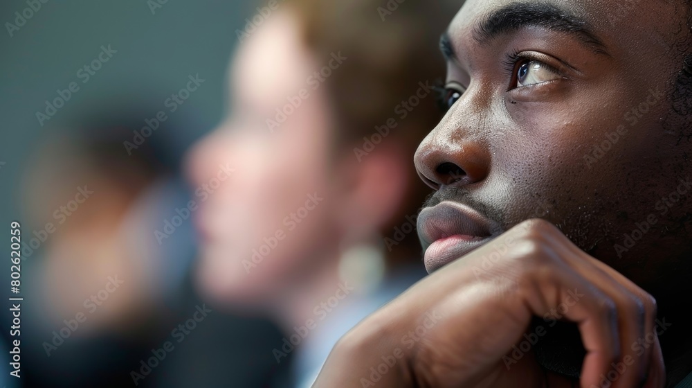 Poster a closeup shot of a mans face as he listens intently and displays active listening skills during a w