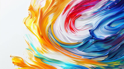 Fluid strokes of color swirling and blending together against a backdrop of pure white, forming a captivating and dynamic abstract composition