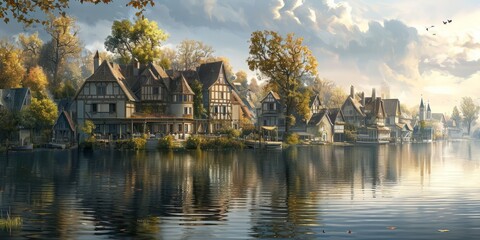Fototapeta premium House nestled in peaceful lake, quaint lakeside village, tranquil waters reflect natural beauty, illustration captures quiet lakeside charm.