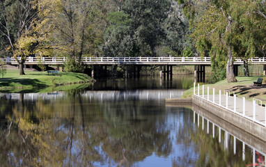 Fototapeta na wymiar Lake of water with trees and a bridge at Seven Creeks Park in Euroa, Victoria, Australia
