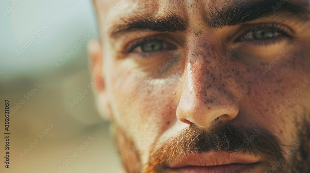Poster a man with a small smile and a furrowed brow capturing the complexity and depth of soft masculinity.