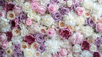A beautiful floral backdrop in shades of pink, purple, and white. Perfect for a wedding, baby shower, or other special event.