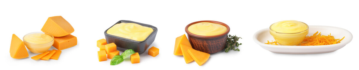 Set of bowls with tasty cheddar cheese sauce on white background
