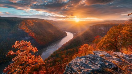 Amazing view of the New River Gorge in West Virginia, with the sun rising over the horizon