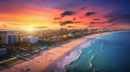 Breathtaking Miami Beach sunset panorama - Aerial view of Miami Beach with vibrant sunset colors filling the sky, reflecting off the ocean and highlighting the cityscape