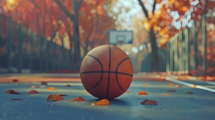 Basketball court in the park with a basketball on the ground and autumn leaves around it.