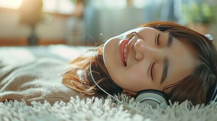 women are listening to music and she sings in the room happily sleeping
