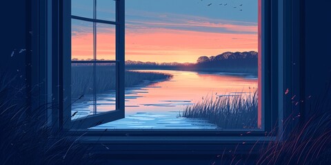 River view at dusk seen through window with warm sunlight on water creating soothing contemplative atmosphere gentle flow Digital Illustration balanced color palette.