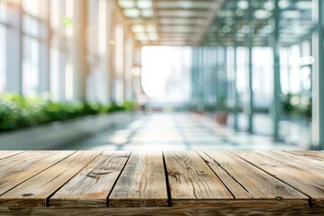 Empty wood table top and blur glass window wall building banner mock up abstract background - can used for display or montage your products - generative ai