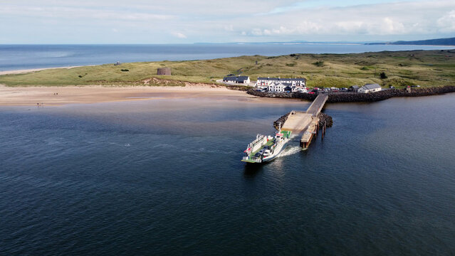 Aerial view of Lough Foyle Ferry Magilligan Greencastle Harbour Queens Port Co Donegal Ireland 26-04-24