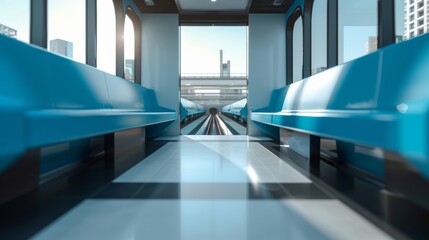 Futuristic Urban Train Interior With Sleek Modern Design and Blue Seats