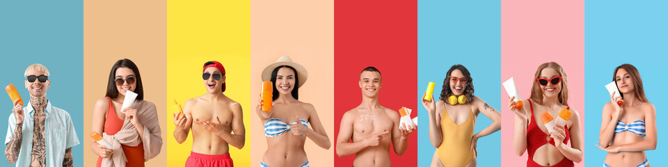 Set of people with sunscreen creams on color background