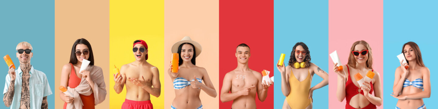 Set of people with sunscreen creams on color background