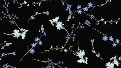 Floral seamless pattern, assorted blue wildflowers on dark blue background