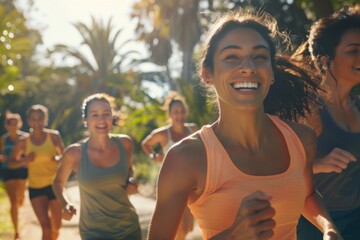 group of friends jogging together in a scenic park