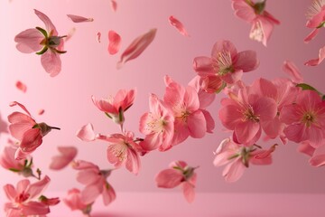 Fresh quince blossom, beautiful pink flowers falling in the air isolated on pink background. Zero gravity or levitation, spring flowers conception, high resolution image - generative ai