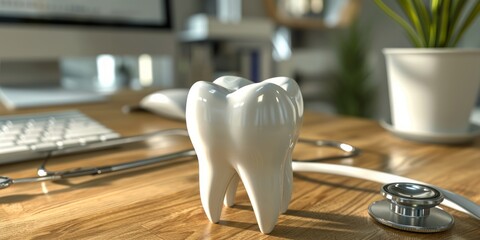 Tooth and stethoscope on the table with eco friendly background , Dental health and wellness concept