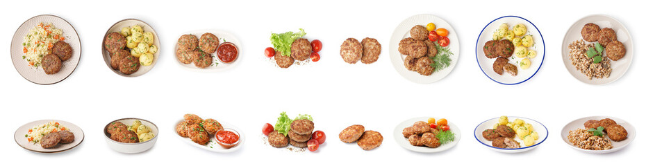 Group of tasty cutlets on white background