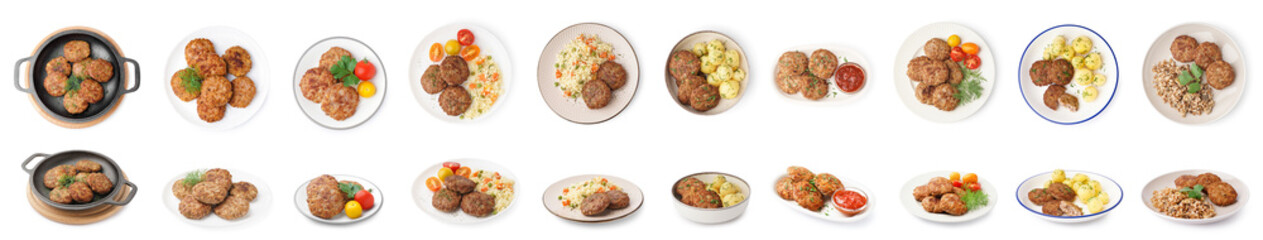 Set of tasty cutlets on white background