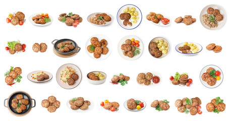 Collage of tasty cutlets on white background