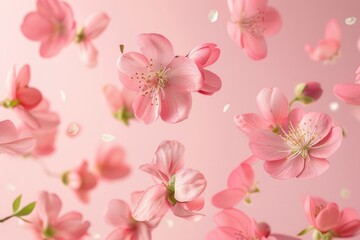 Fresh quince blossom, beautiful pink flowers falling in the air isolated on pink background. Zero gravity or levitation, spring flowers conception, high resolution image - generative ai