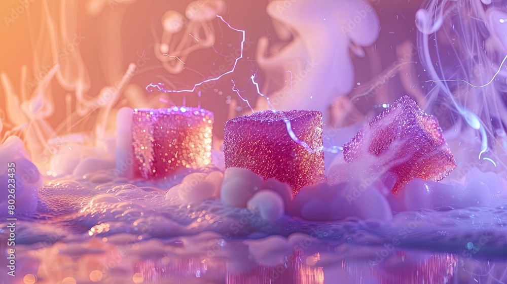 Poster surreal sparkling objects with vibrant hues - a mesmerizing 3d render of sparkling geometric shapes 