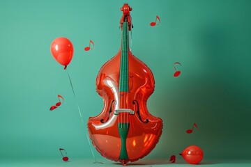Playful Music Concept with Red Violin, Floating Balloon, and Musical Notes on Teal Background
