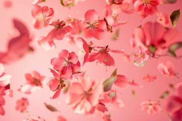 Fresh quince blossom, beautiful pink flowers falling in the air isolated on pink background. Zero gravity or levitation, spring flowers conception, high resolution image - generative ai - obrazy, fototapety, plakaty