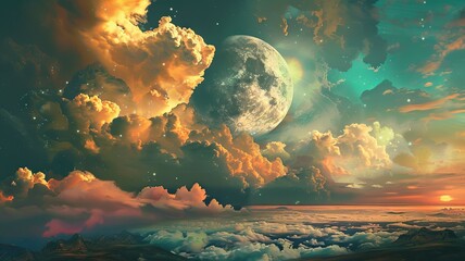 The image shows a beautiful landscape with a large moon and colorful clouds