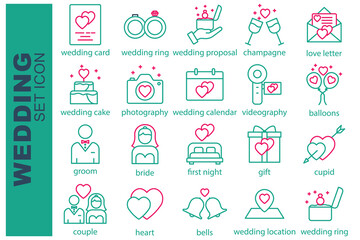 wedding icon set. groom, bride, cupid, wedding card and more. line icon style. wedding element vector illustration
