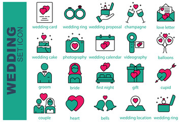 wedding icon set. groom, bride, cupid, wedding card and more. flat line icon style. wedding element vector illustration