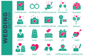 wedding icon set. groom, bride, cupid, wedding card and more. solid icon style. wedding element vector illustration