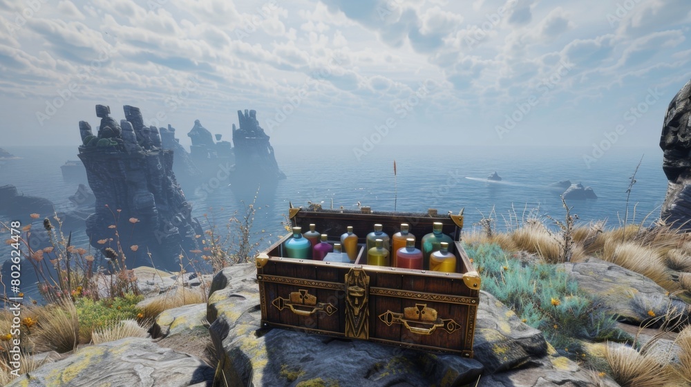 Poster the cryptic crate of potions stood upon a lonely cliff overlooking the sea. each bottle inside held 