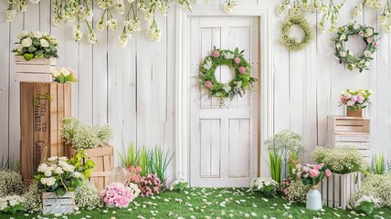 Naklejka premium White wooden door with a wreath on it. There are flowers and plants around the door. The background is a whitewashed wooden fence. The floor is green grass.