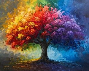 The image shows a large tree with branches full of leaves in various colors, such as red, orange, yellow, green, blue, and purple