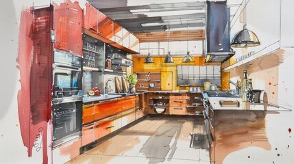 Modern Culinary Space Illustrated in Watercolor
