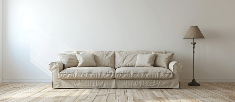 A beige couch is placed against a white, bare wall with room for text in a modestly decorated living room, featuring a lamp.