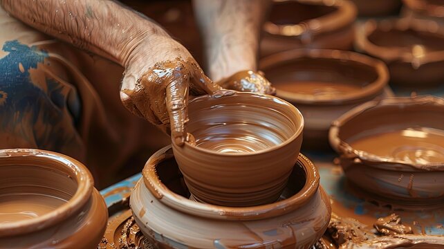The image shows a potter at work, shaping a bowl out of clay on a potter's wheel.