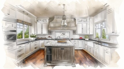 Watercolor Depiction of a Luxurious Kitchen
